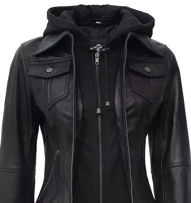 The Céleste: Womens Black Bomber Leather Jacket with Removable Hood