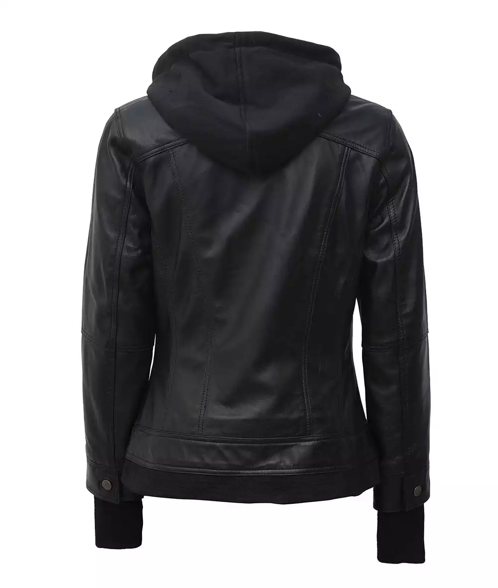 The Céleste: Womens Black Bomber Leather Jacket with Removable Hood