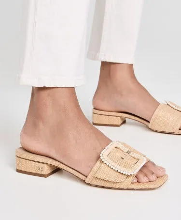 The Raffia Flat Sandal with Beaded Buckle in Bleachwood