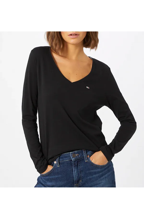 Tommy Hilfiger Black Long Sleeve V-Neck Organic Logo Women's T-Shirt