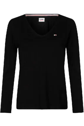 Tommy Hilfiger Black Long Sleeve V-Neck Organic Logo Women's T-Shirt