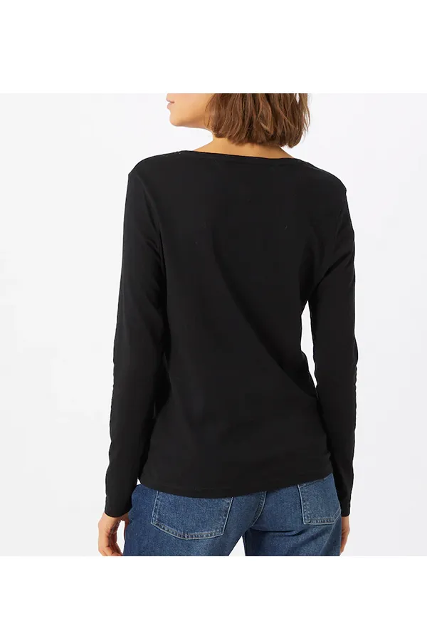 Tommy Hilfiger Black Long Sleeve V-Neck Organic Logo Women's T-Shirt