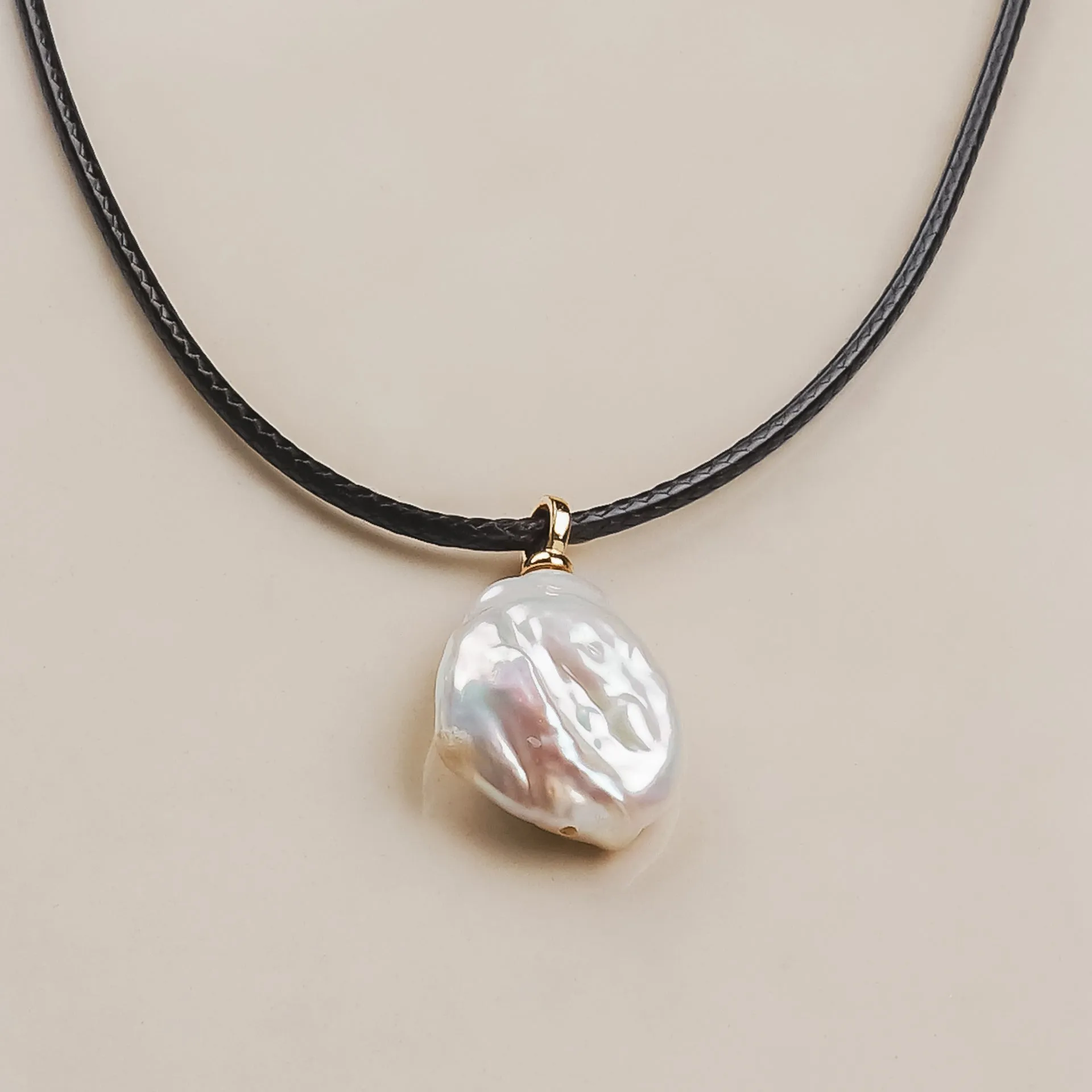 Wax Cord Necklace w/ Flat Baroque Pendant