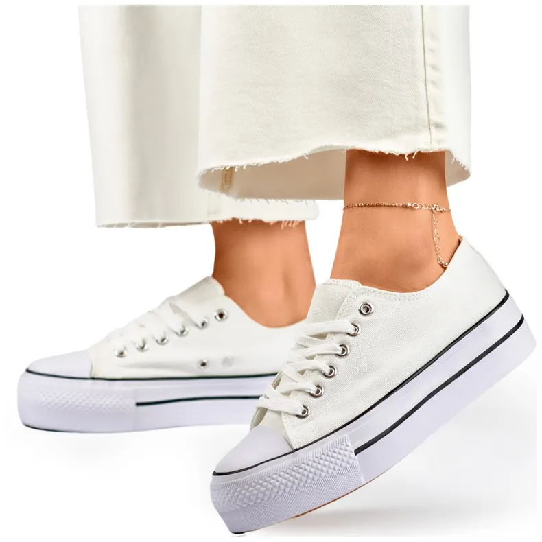 White sneakers with a thick sole, classic white women's sneakers