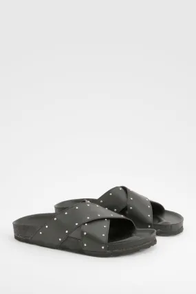 Wide Width Cross Strap Studded Footbed Slides