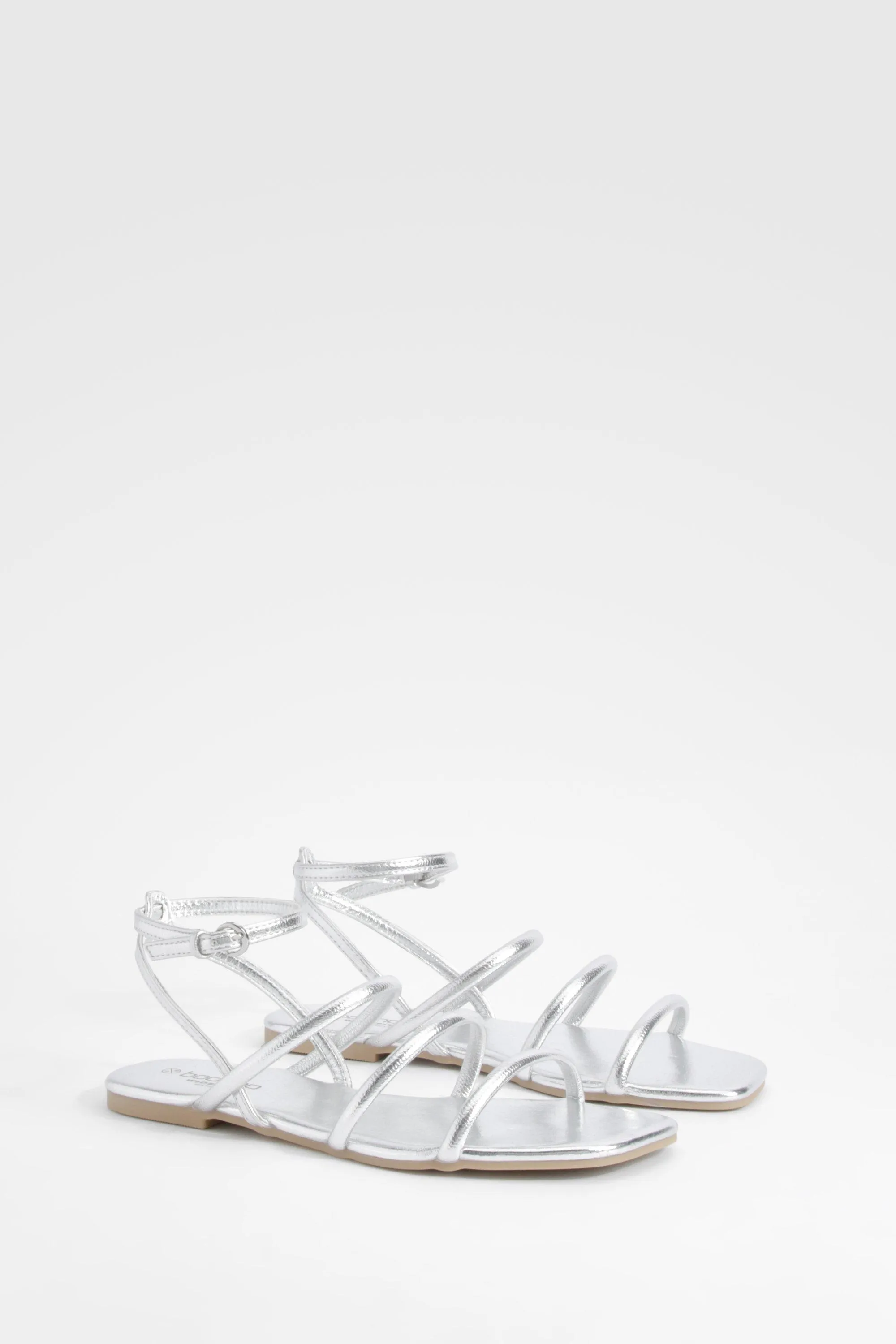 Wide Width Metallic Triple Strap Flat Sandals