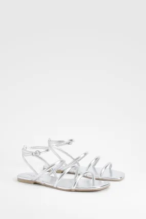 Wide Width Metallic Triple Strap Flat Sandals