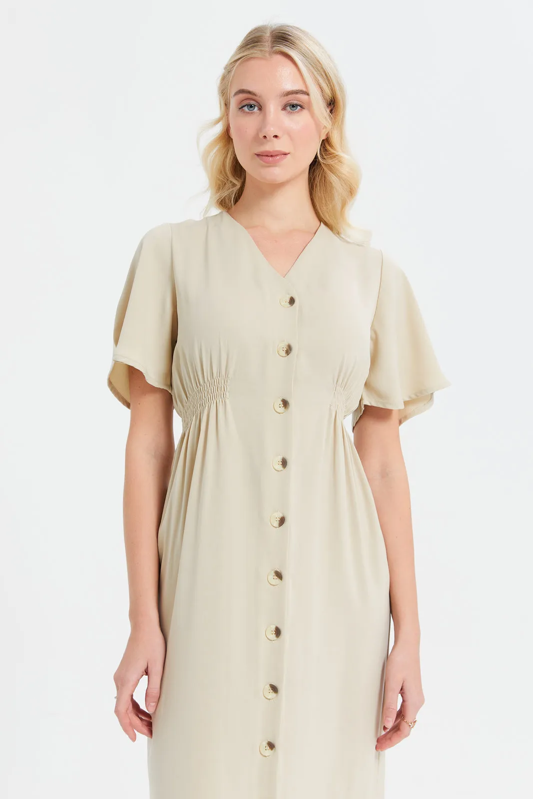 Women Beige Buttoned Midi Dress