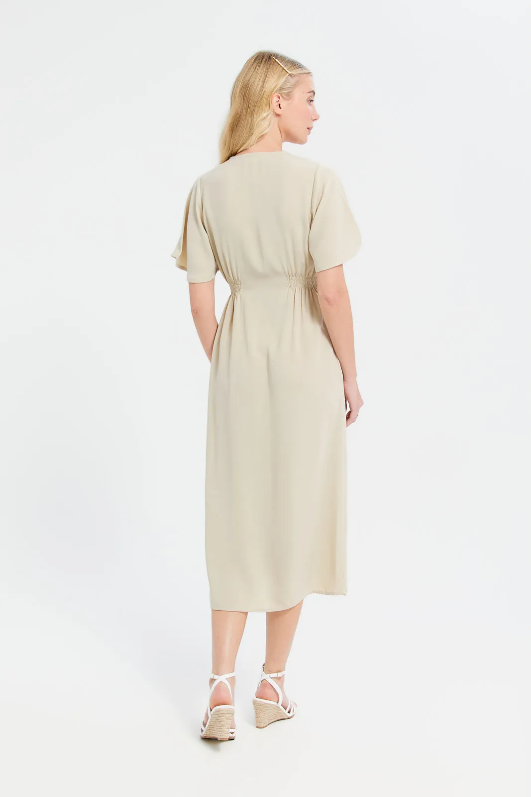 Women Beige Buttoned Midi Dress