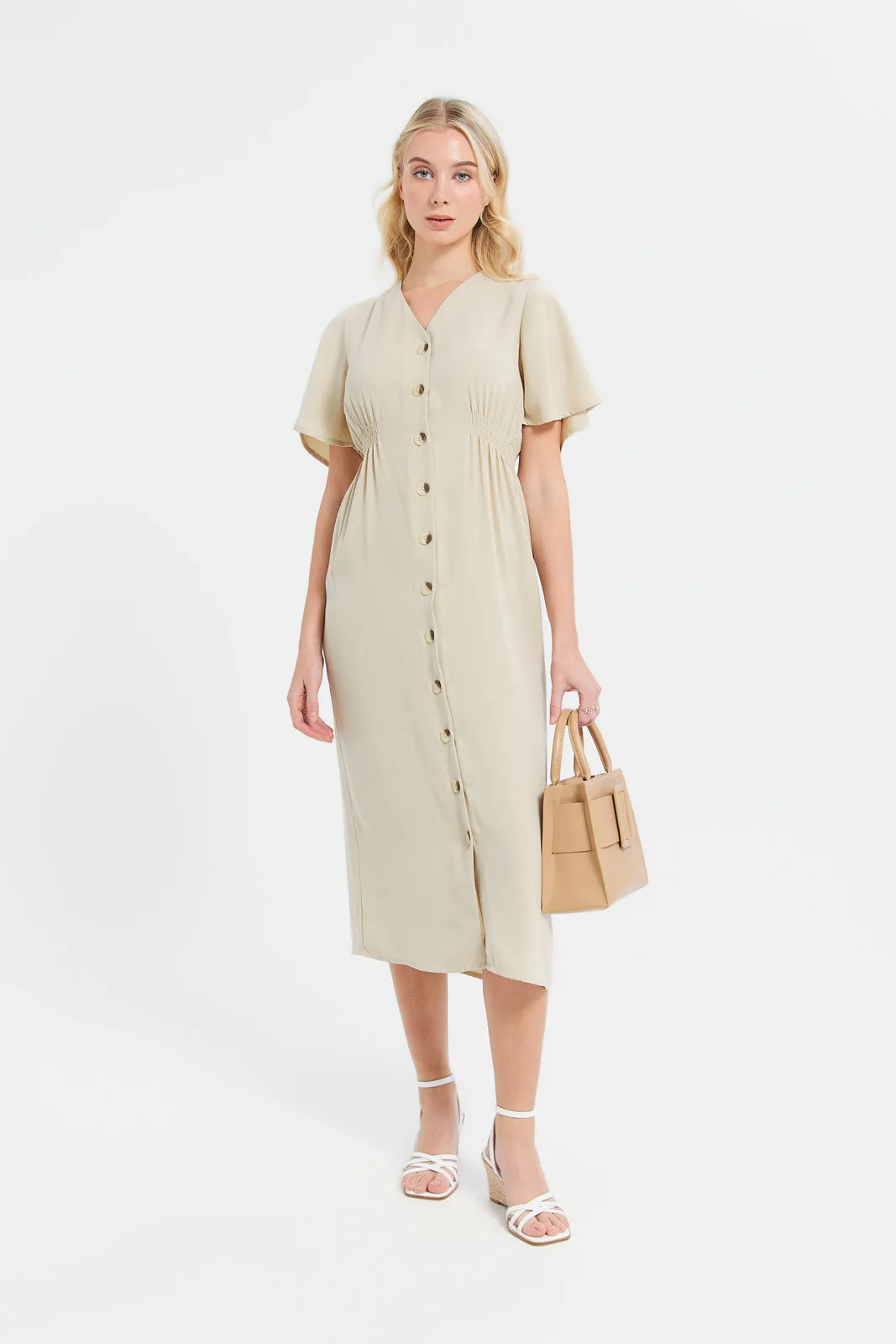 Women Beige Buttoned Midi Dress