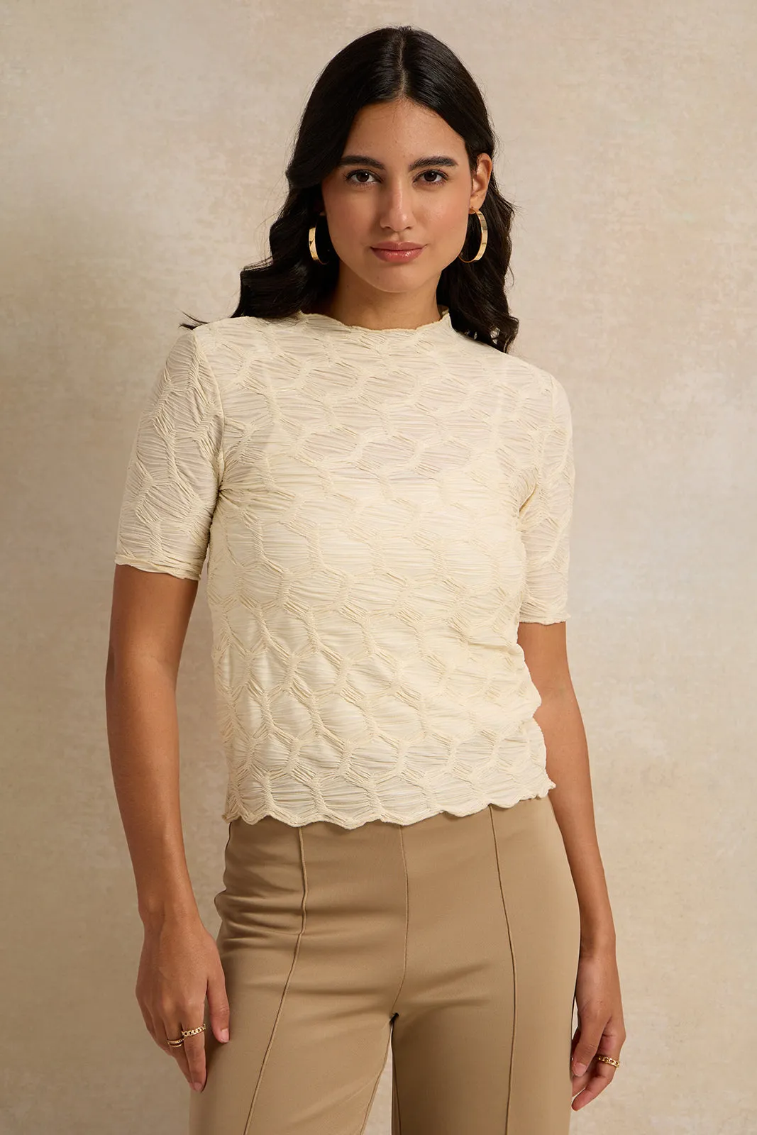 Women Beige Textured Knit Top