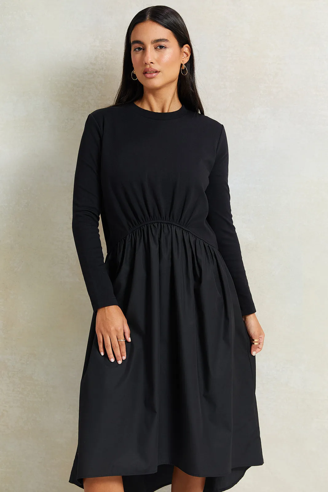 Women Black Front Gathered Dress