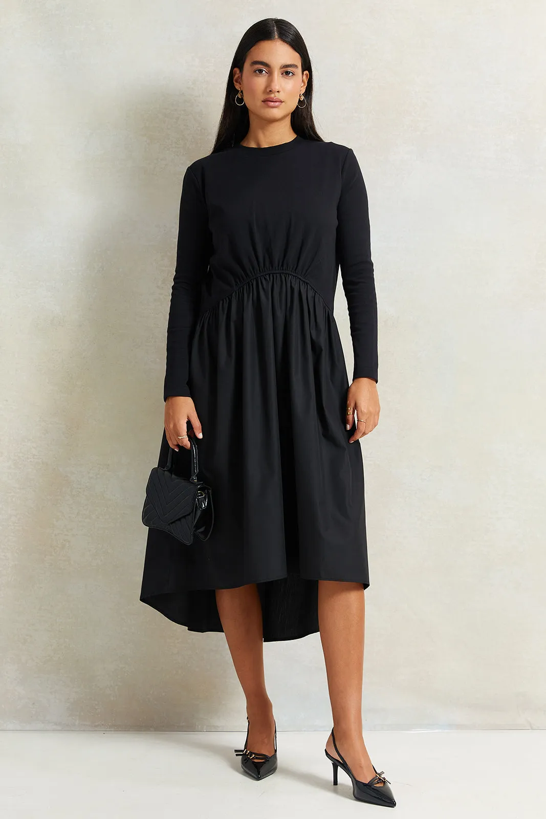 Women Black Front Gathered Dress