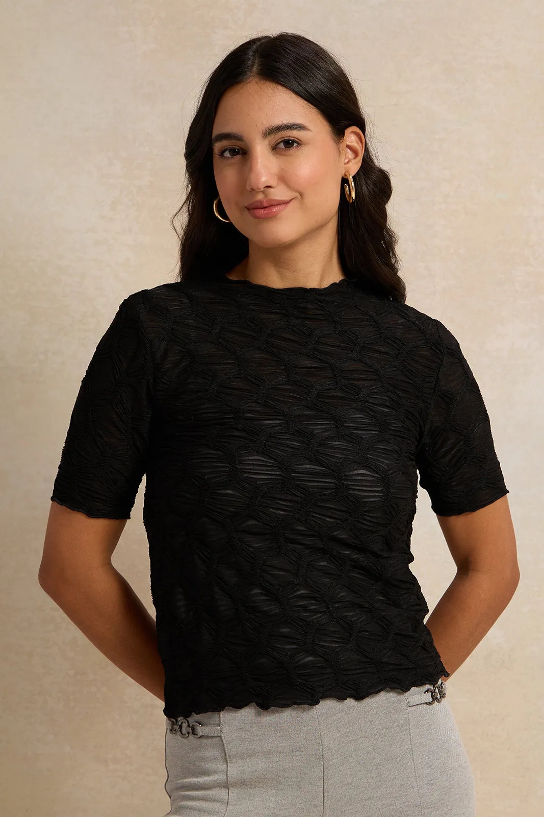 Women Black Textured Knit Top