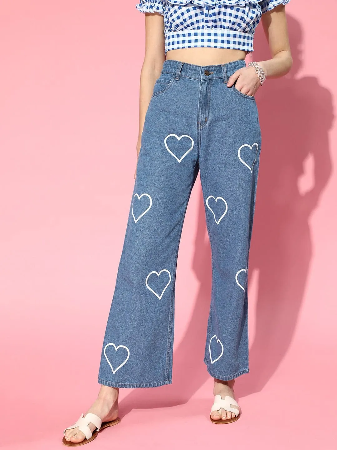 Women Blue Heart Print Wide Leg Jeans