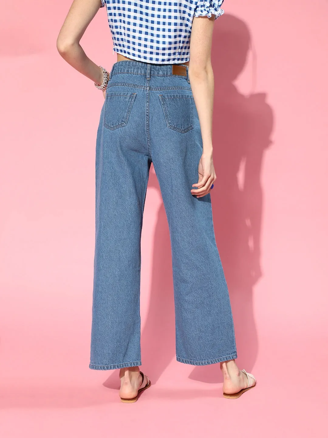 Women Blue Heart Print Wide Leg Jeans