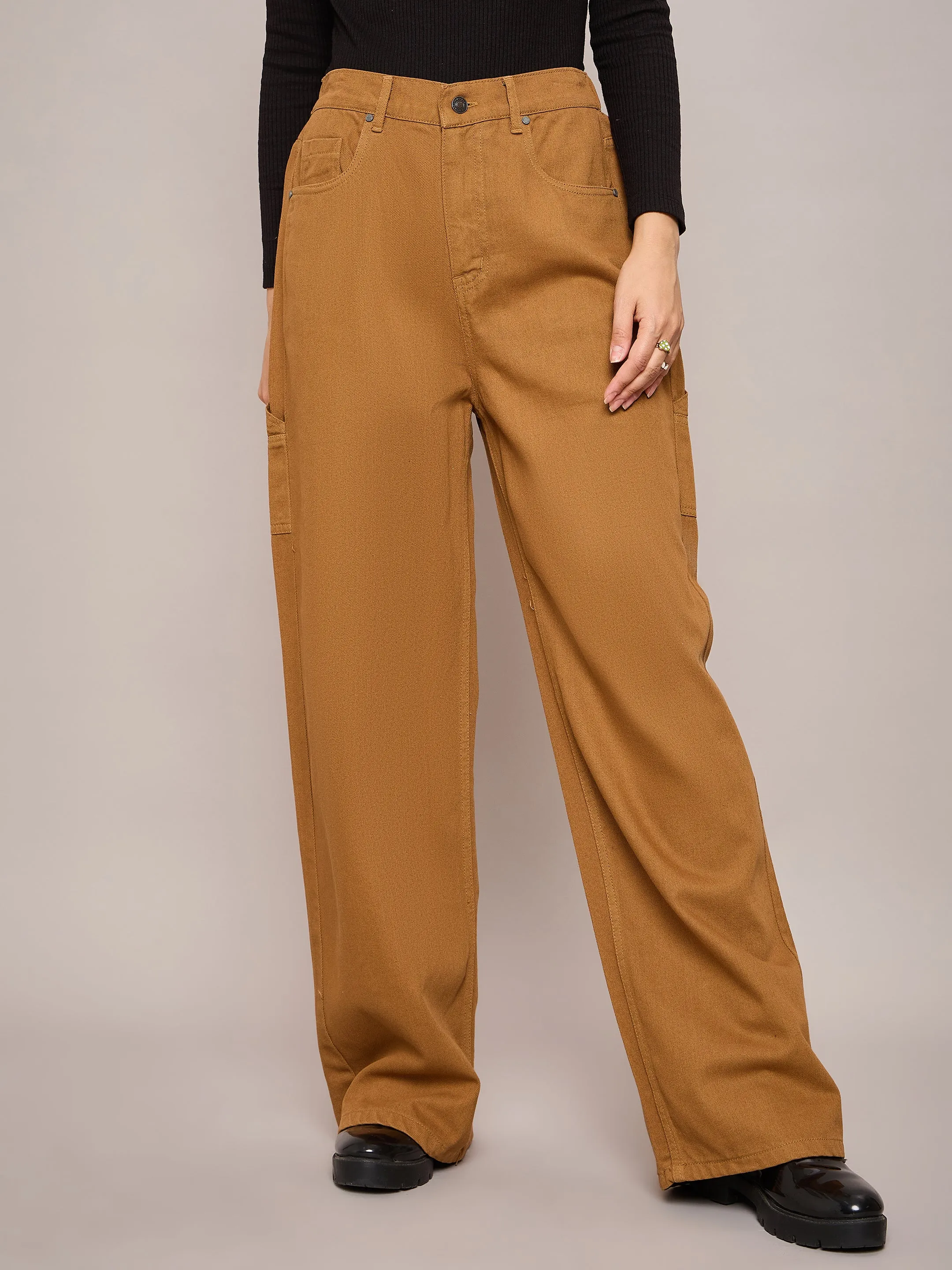 Women Brown Elasticated High Waist Back Pocket Jeans