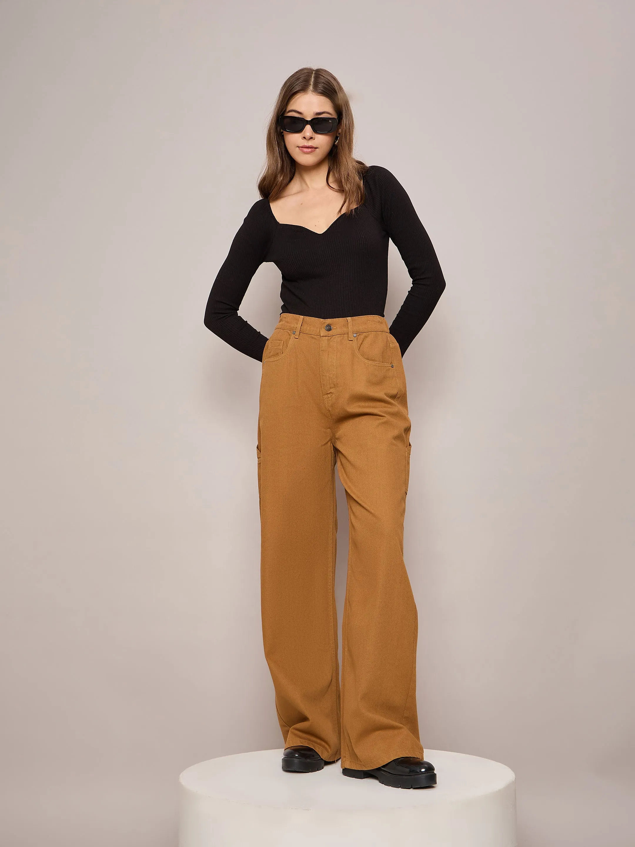 Women Brown Elasticated High Waist Back Pocket Jeans