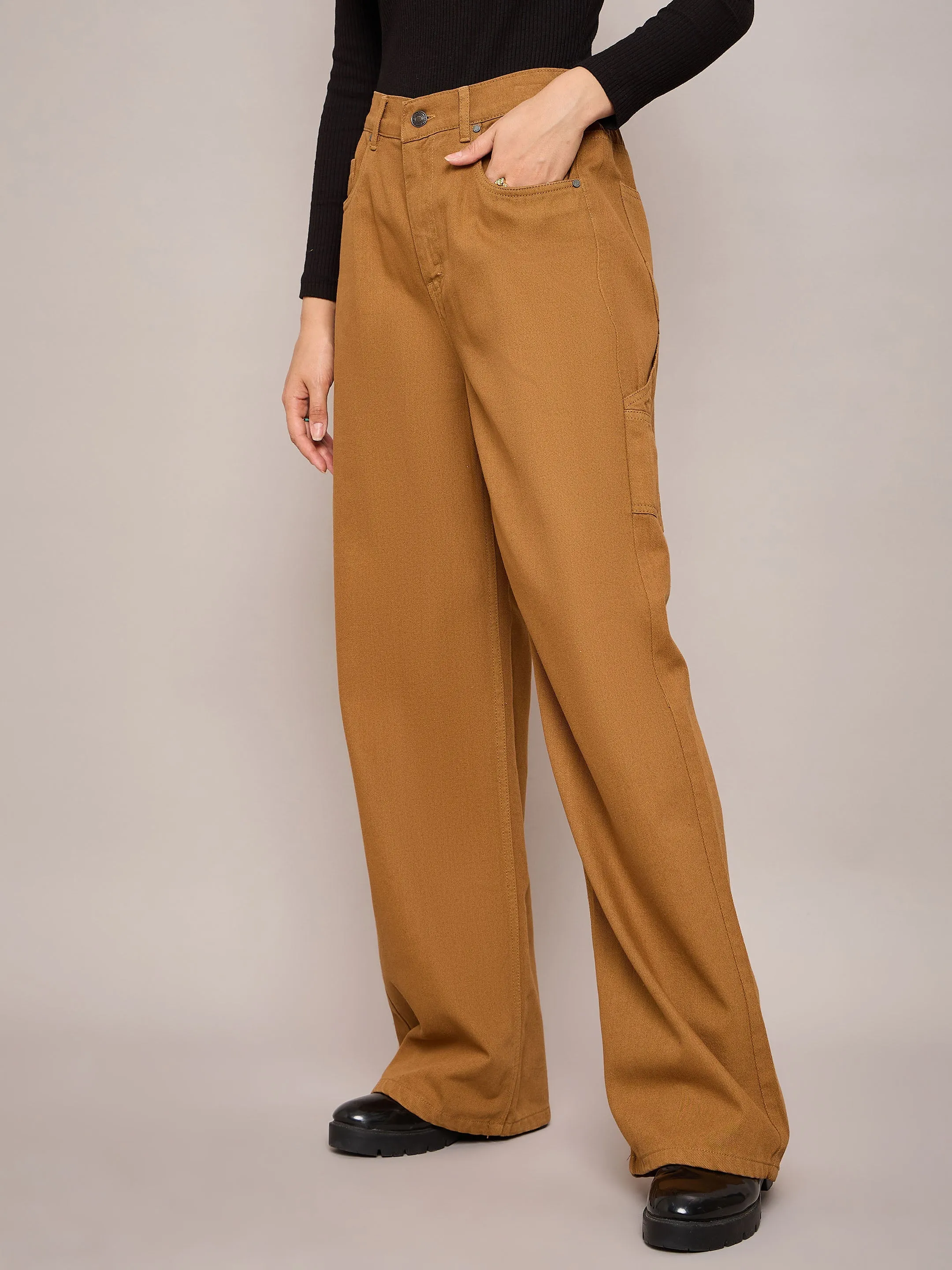 Women Brown Elasticated High Waist Back Pocket Jeans