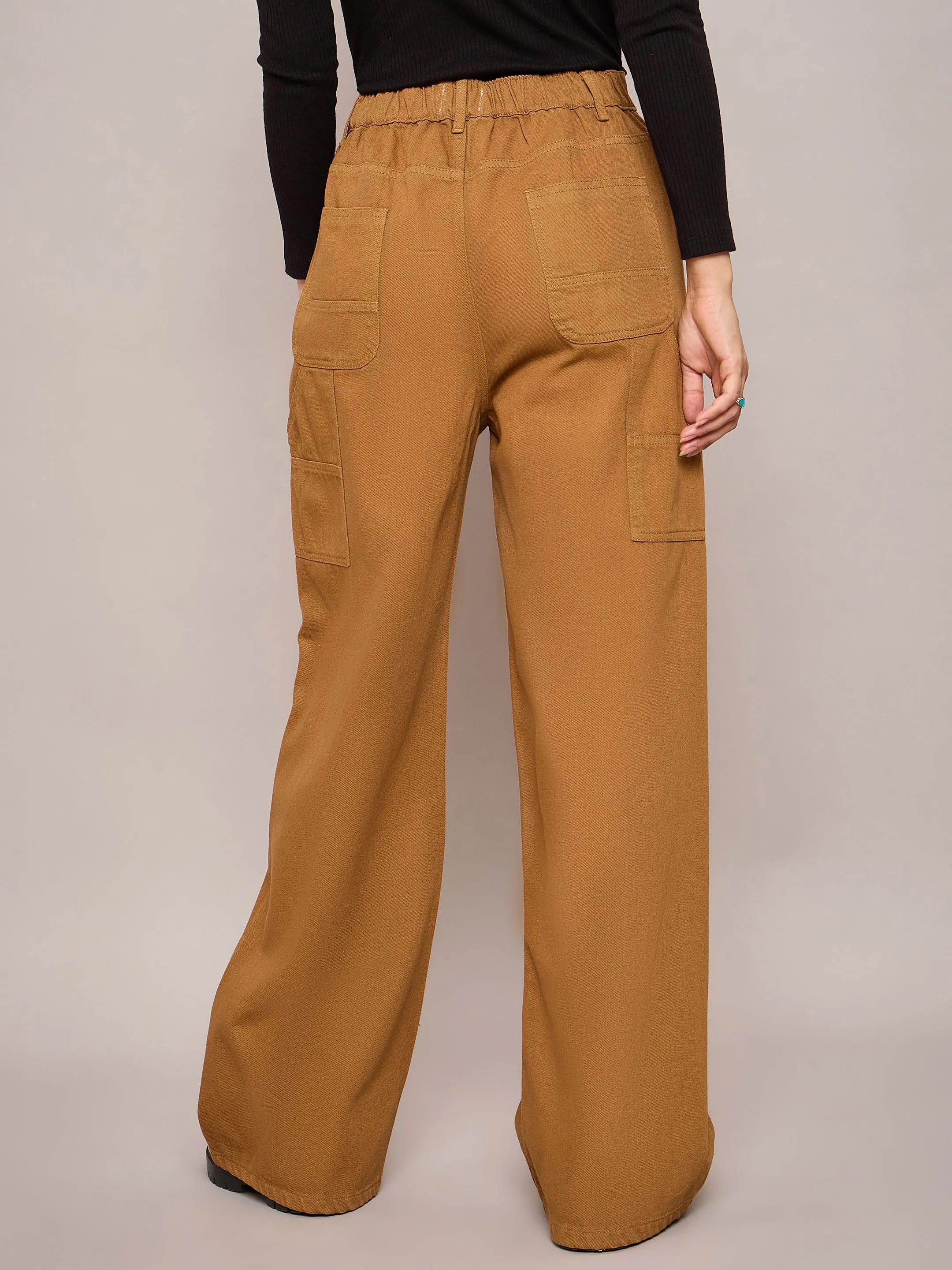 Women Brown Elasticated High Waist Back Pocket Jeans