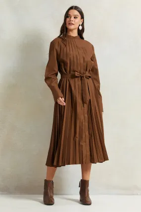 Women Brown Pleated Dress