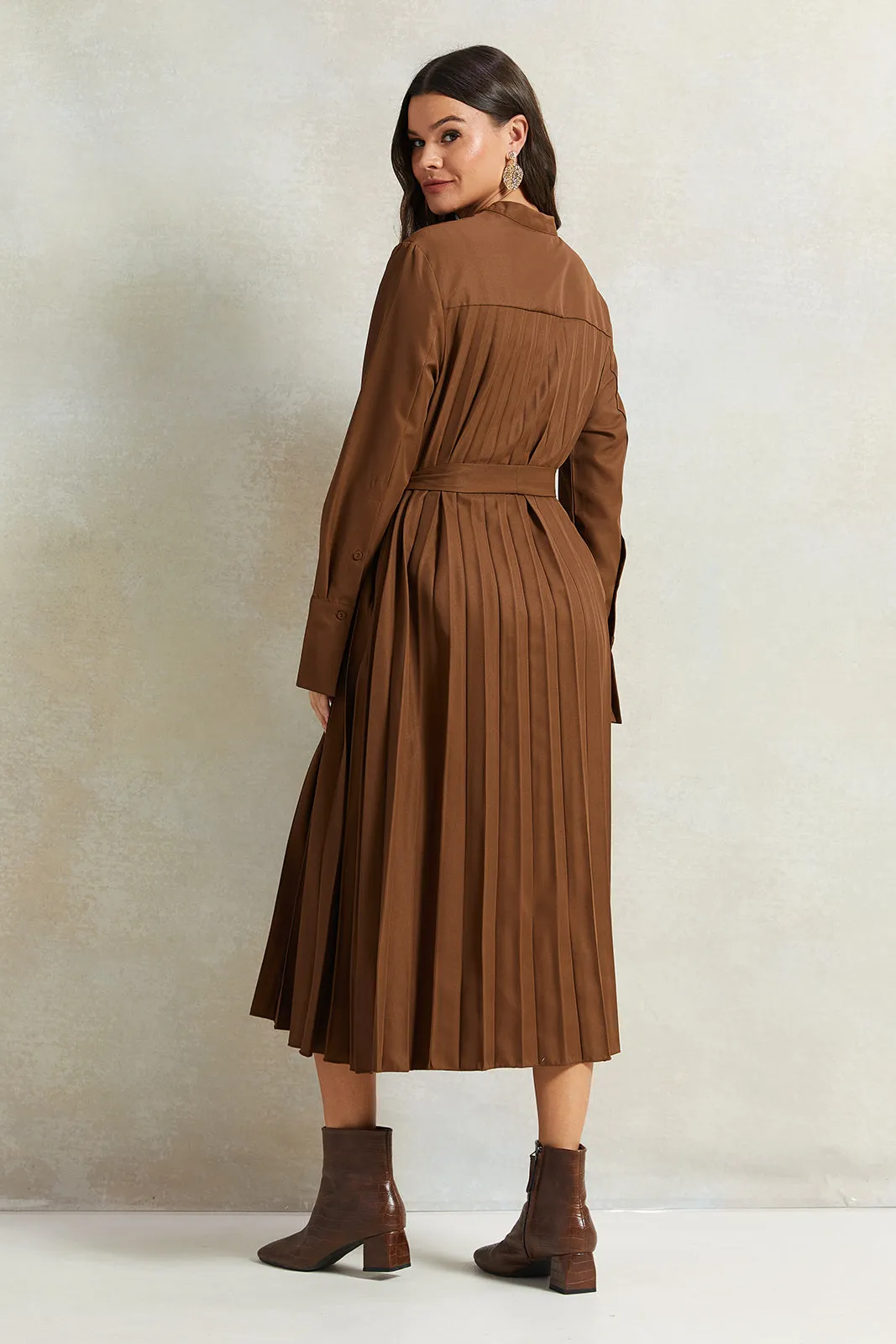 Women Brown Pleated Dress