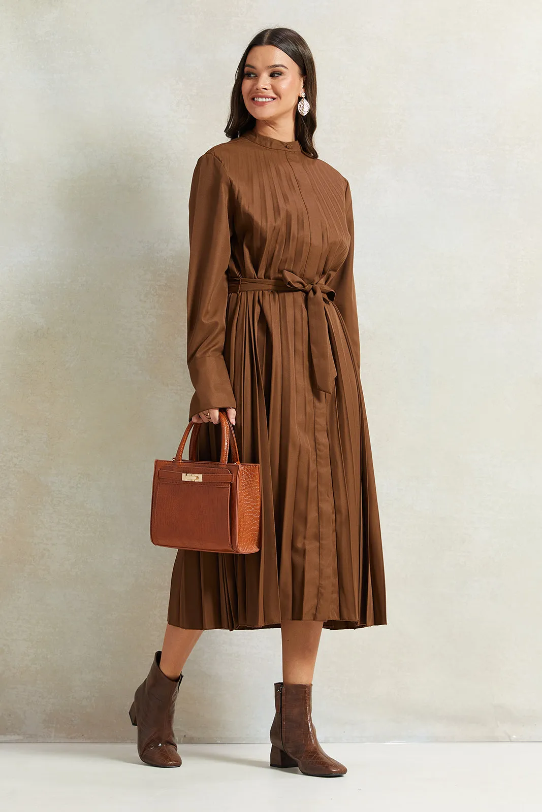 Women Brown Pleated Dress