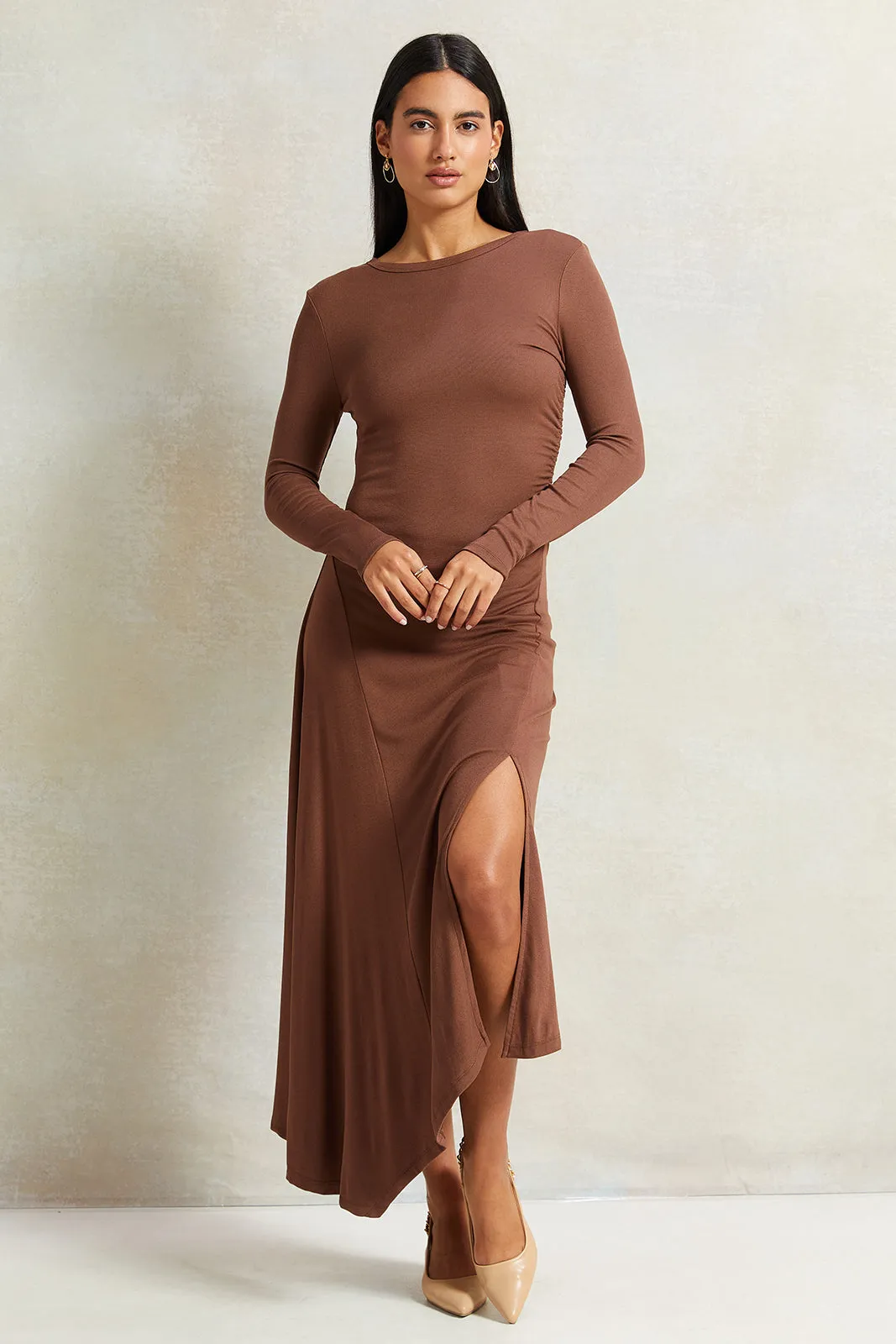 Women Brown Rouched Dress