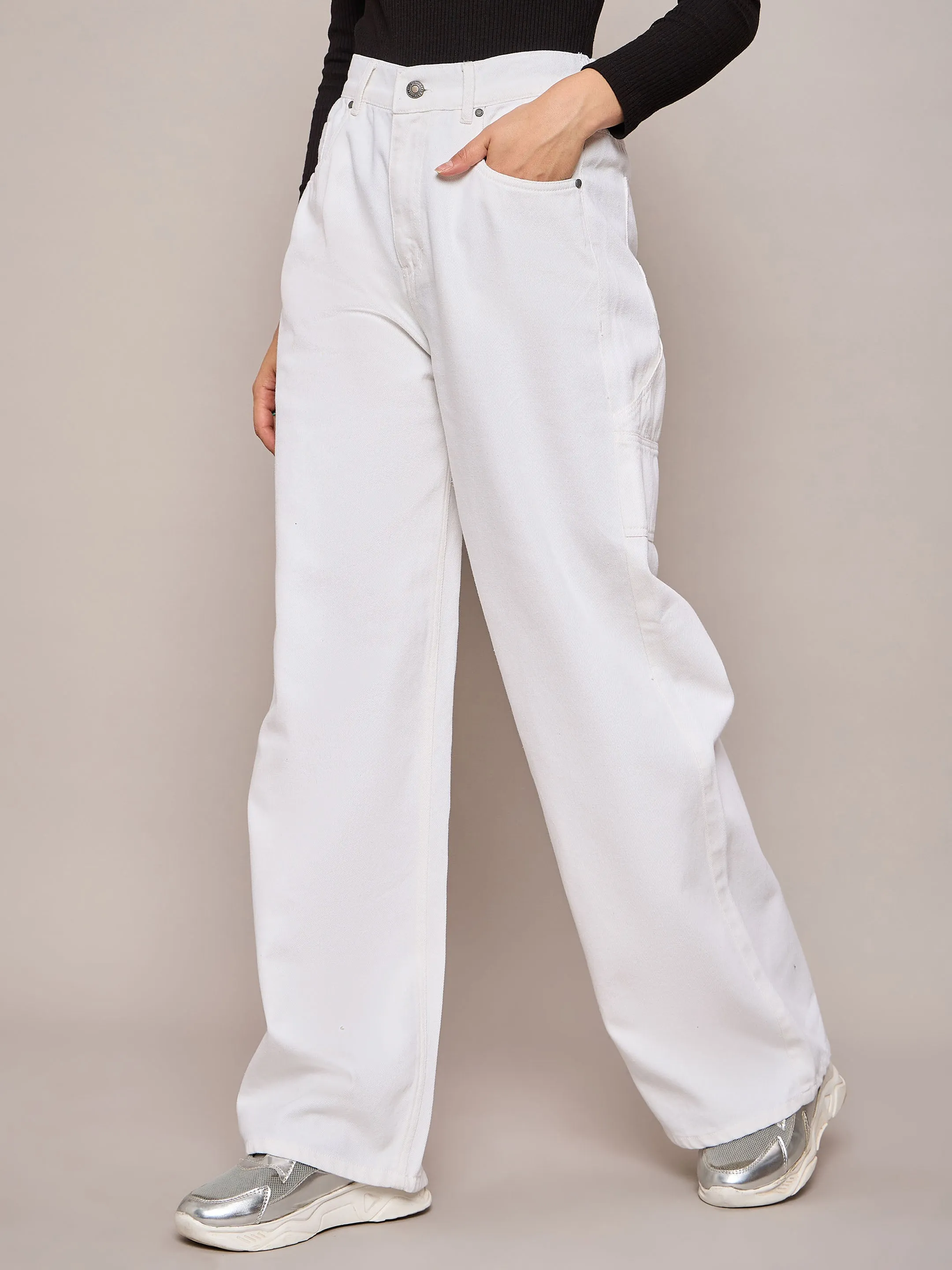 Women White Elasticated High Waist Back Pocket Jeans