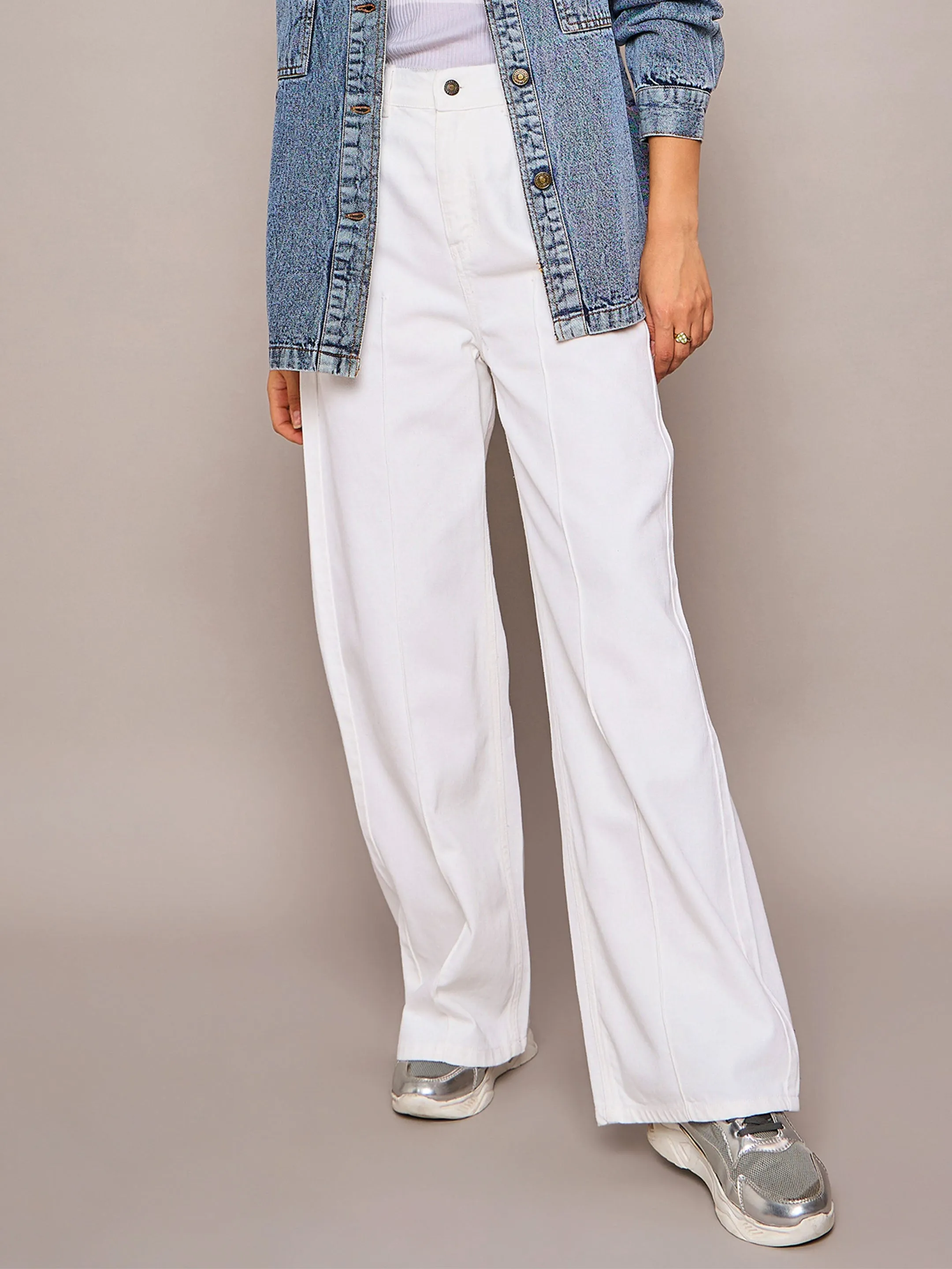 Women White High Waist Front Dart Straight Jeans