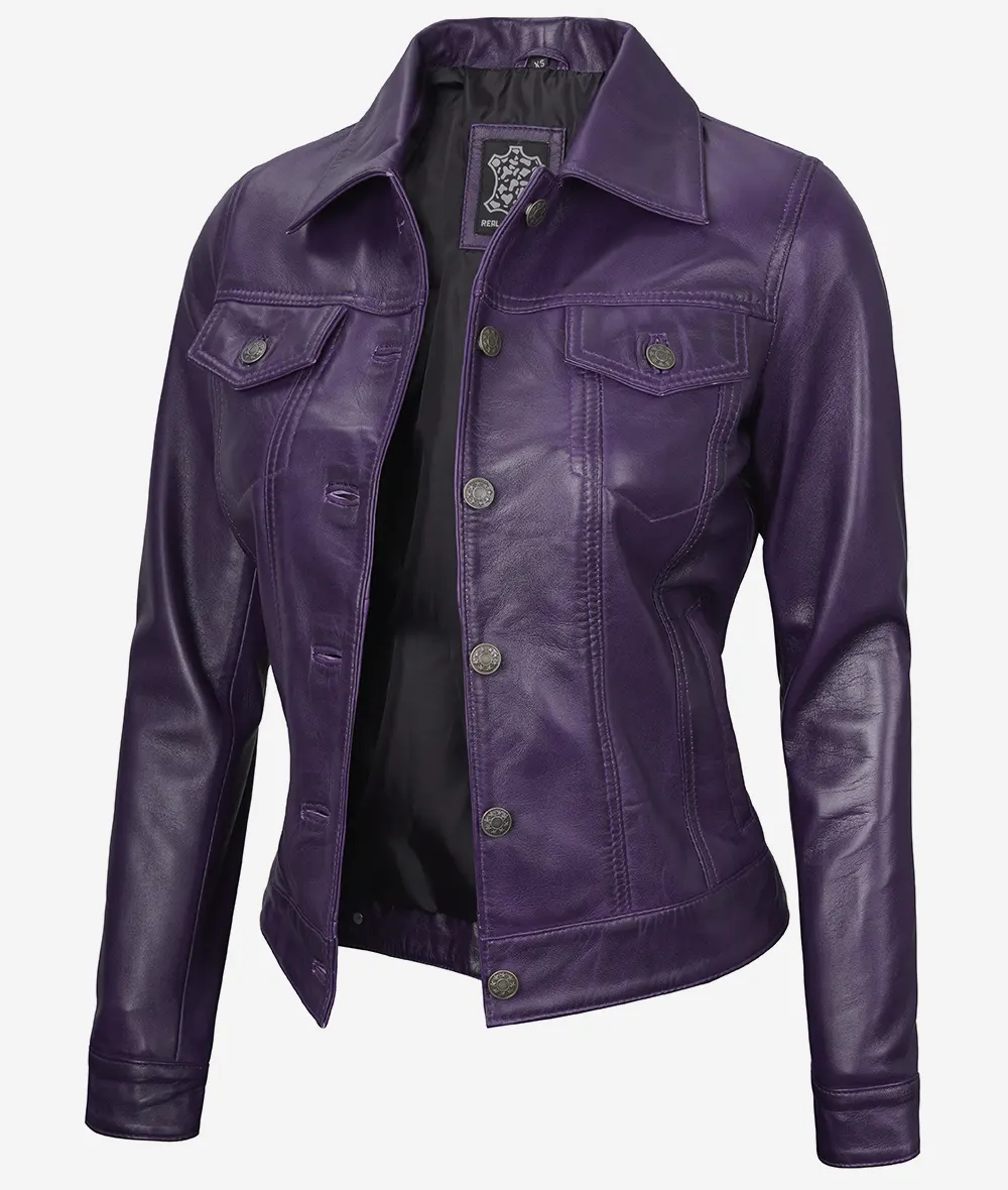 Women's Purple Leather Trucker Jacket