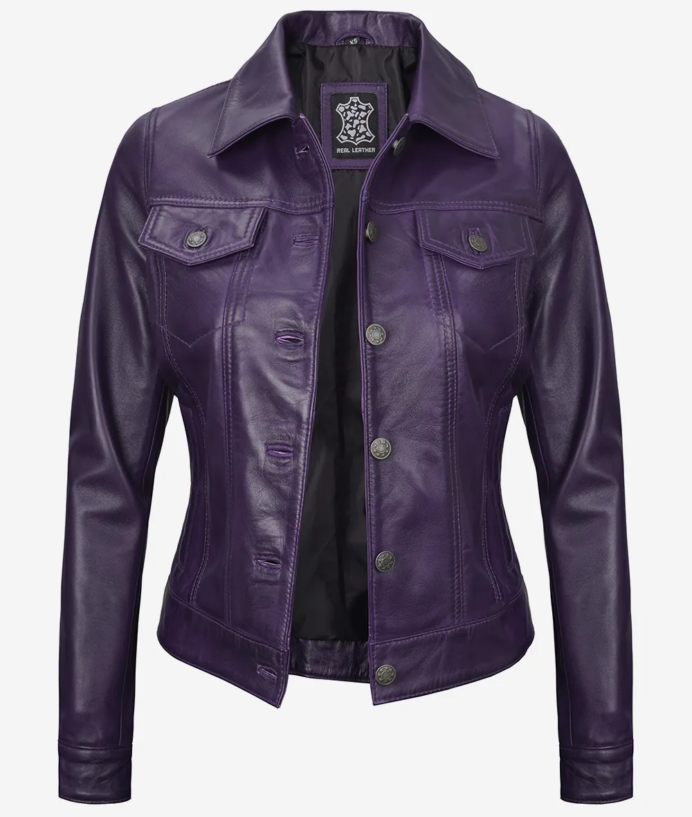 Women's Purple Leather Trucker Jacket