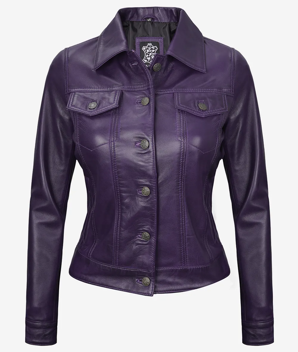 Women's Purple Leather Trucker Jacket