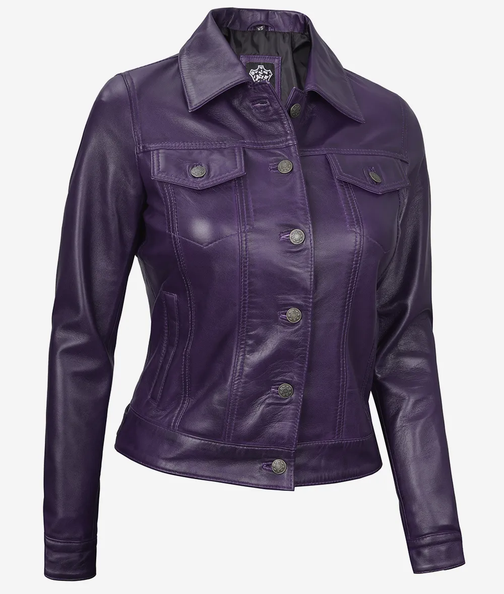 Women's Purple Leather Trucker Jacket