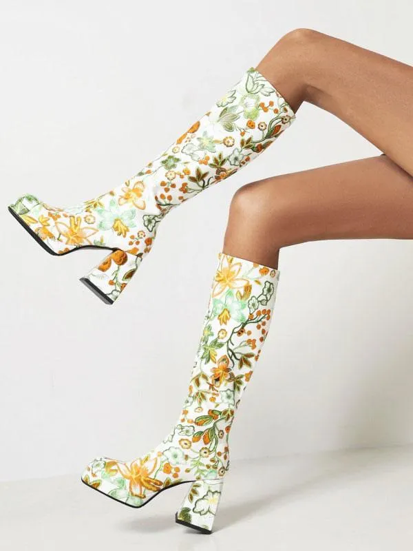 Stylish Knee-High Flower Print Gogo Boots with Block Heel