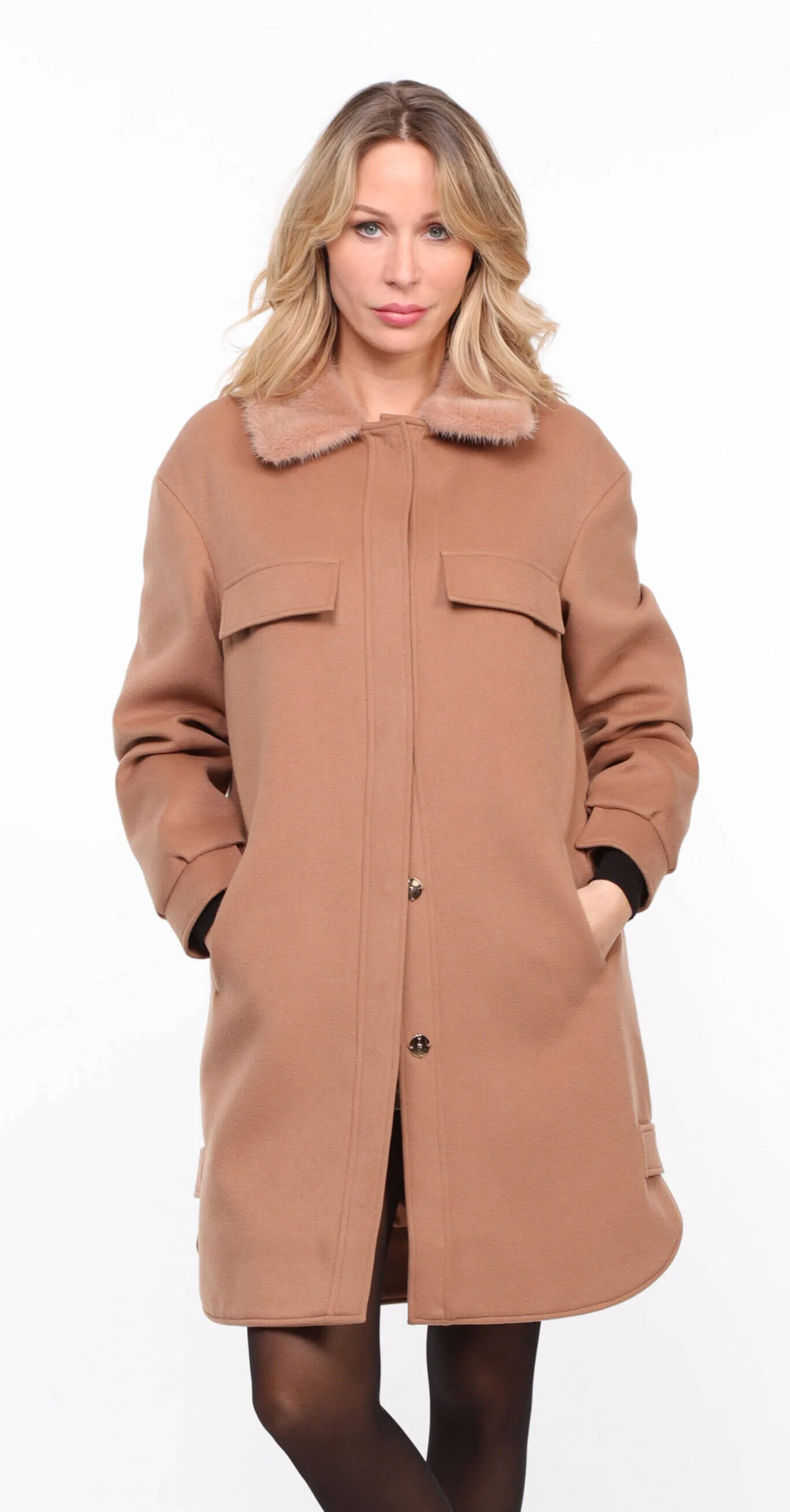 ‘hea’ Women's Fabric Coat with Gold Mink Collar