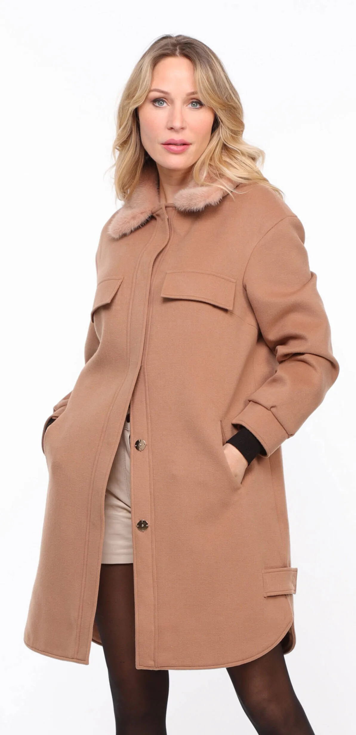 ‘hea’ Women's Fabric Coat with Gold Mink Collar