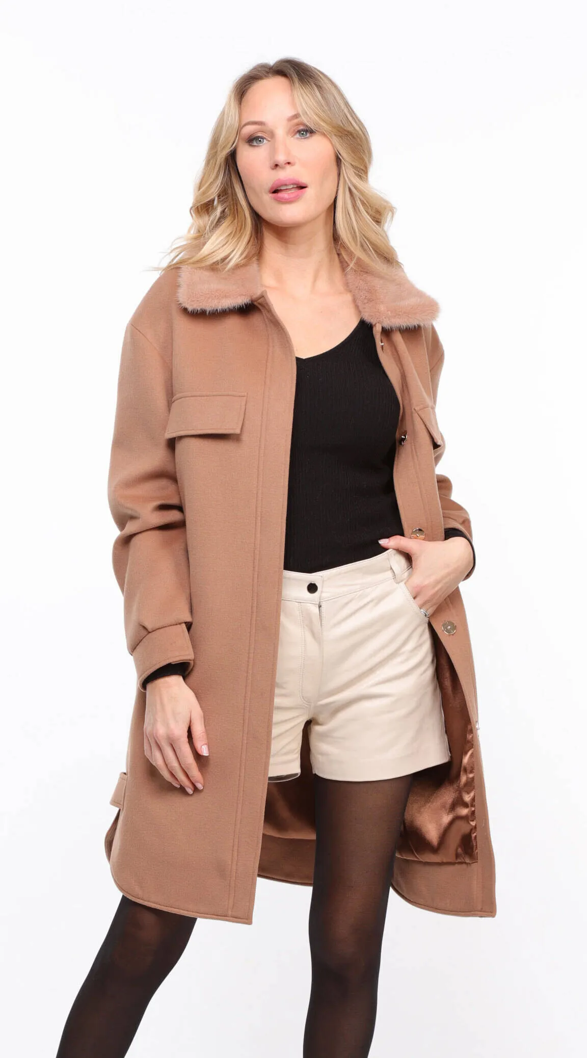 ‘hea’ Women's Fabric Coat with Gold Mink Collar