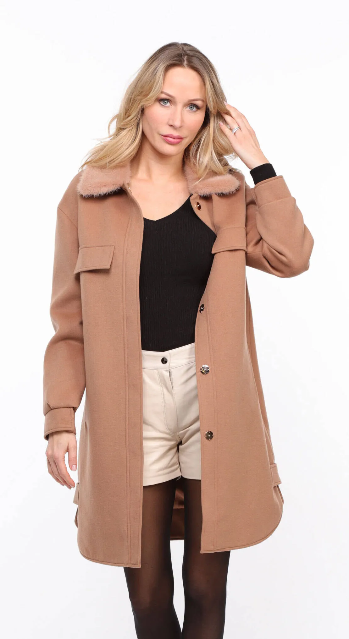 ‘hea’ Women's Fabric Coat with Gold Mink Collar