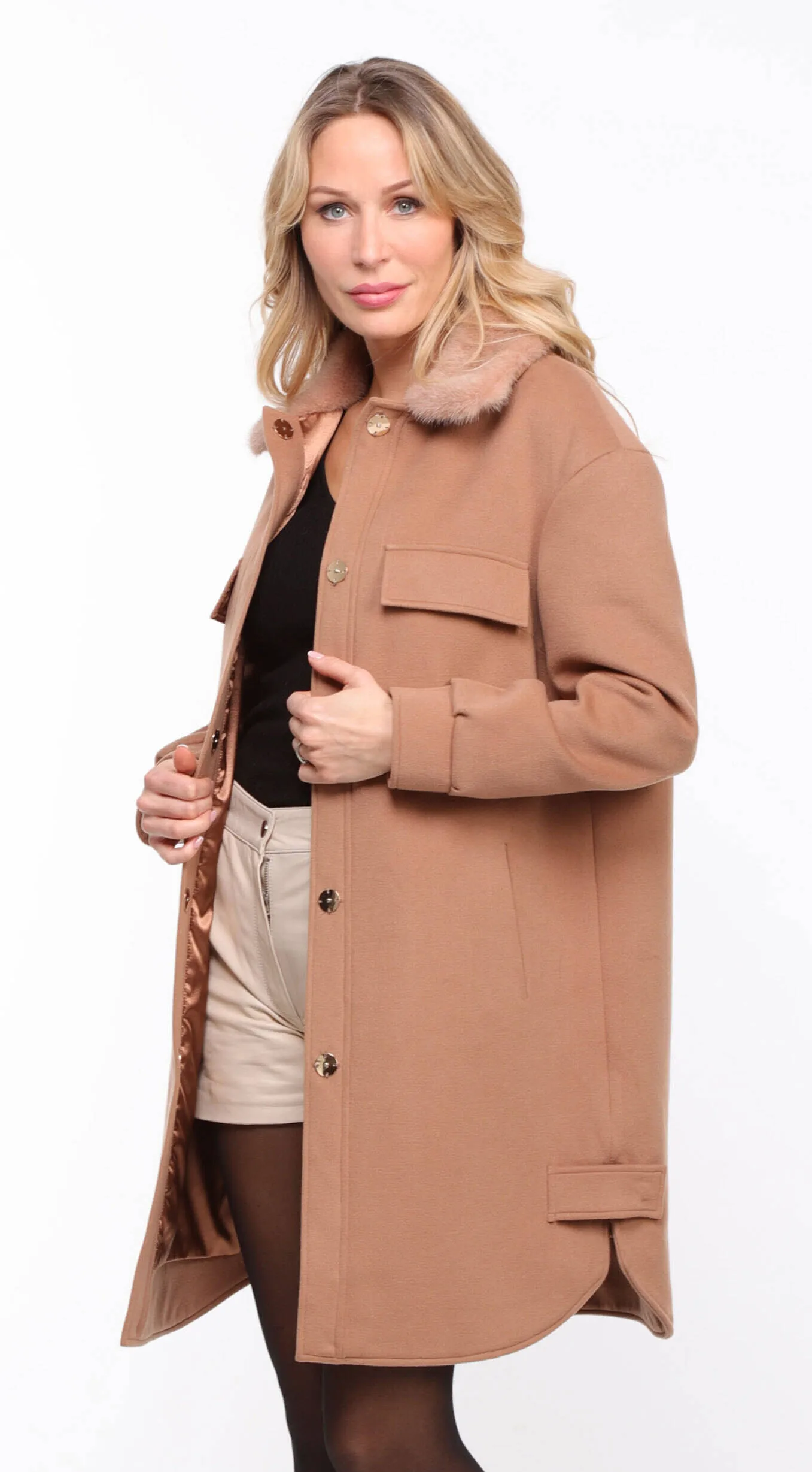 ‘hea’ Women's Fabric Coat with Gold Mink Collar