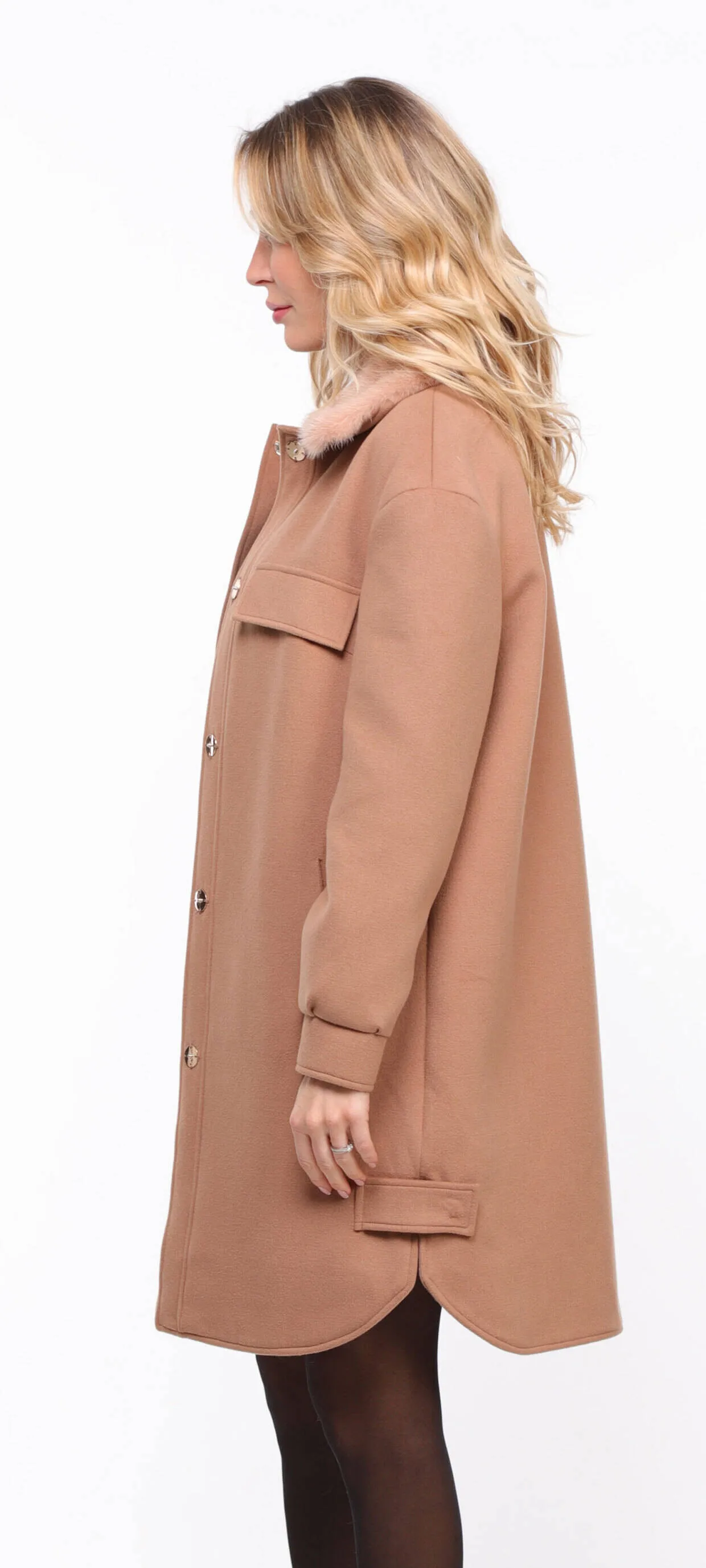 ‘hea’ Women's Fabric Coat with Gold Mink Collar