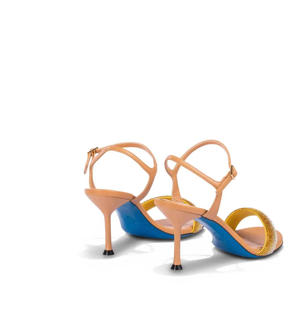 Women's Orange Nappa Leather Sandals with Rhinestones