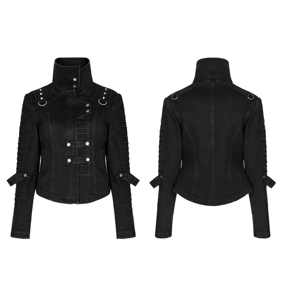 Nailed Distressed Women's Punk Coat with Stand Collar