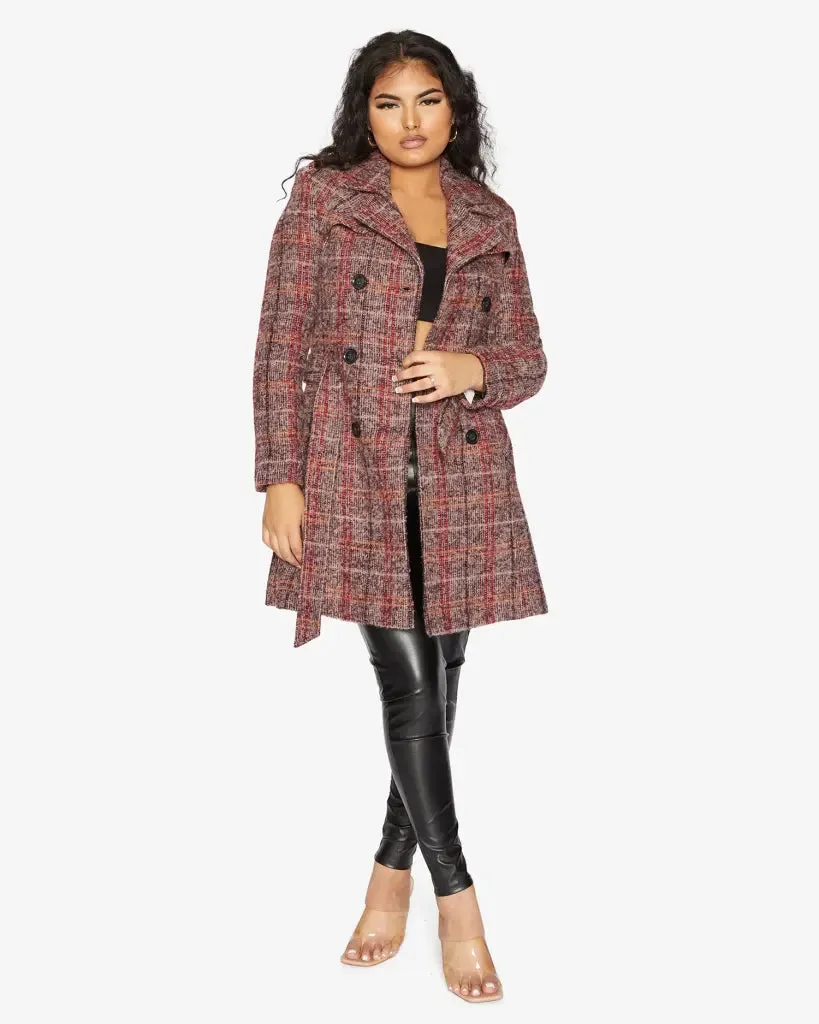 Wool Blend Check Double Breasted Military Coat