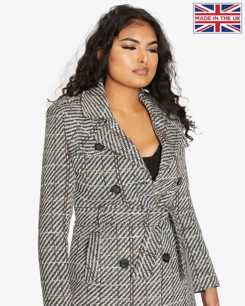 Wool Blend Check Double Breasted Military Coat