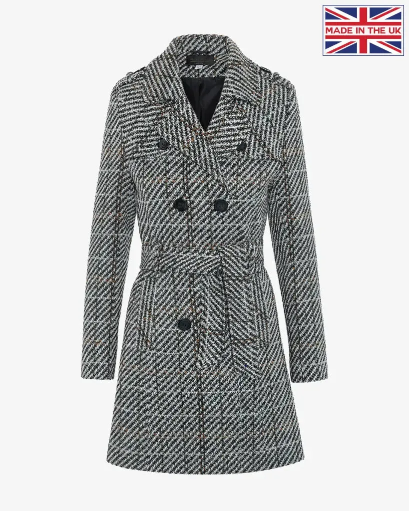 Wool Blend Check Double Breasted Military Coat