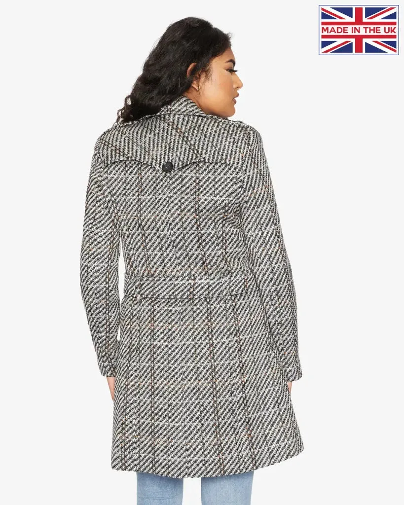 Wool Blend Check Double Breasted Military Coat