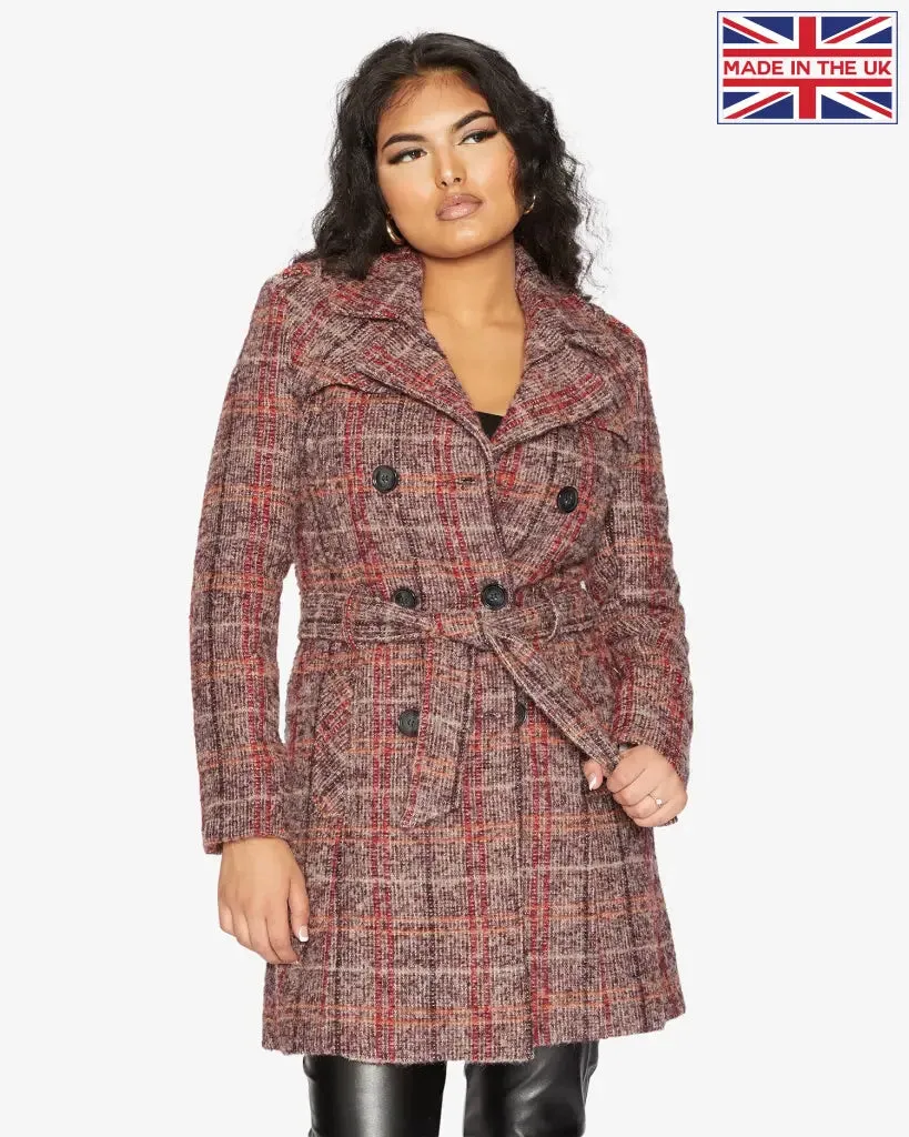 Wool Blend Check Double Breasted Military Coat