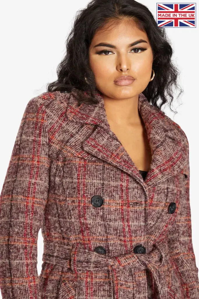 Wool Blend Check Double Breasted Military Coat