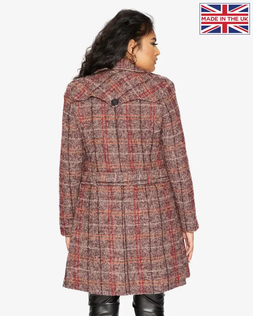 Wool Blend Check Double Breasted Military Coat